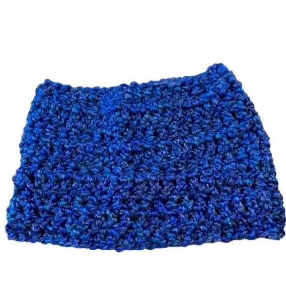 Hand Crafted Hat Headband Blue Crochet Pony Tail Beanie Chunky Ear Warmer Wrap - Picture 3 of 8